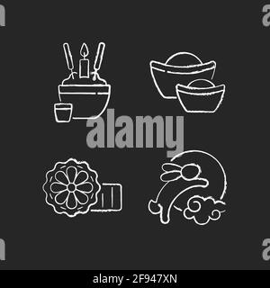 China national holidays chalk white icons set on black background Stock Vector