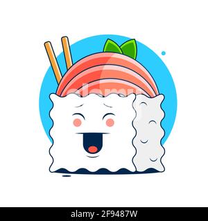 chopsticks holding sushi roll. concept of snack, susi, exotic nutrition, sushi restaurant, sea food. isolated on white background. flat style trend Stock Vector