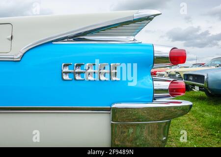 Blue car wing on a old classic car at a car show Stock Photo
