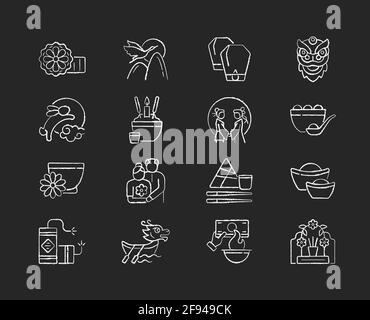 Chinese holidays chalk white icons set on black background Stock Vector