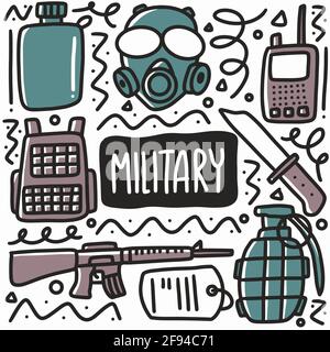 hand drawn military equipment doodle set Stock Vector