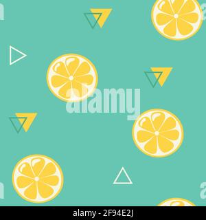Yellow fresh fruit slices top view ornament with geometric elements on Turquoise background. Repeated citrus peaces. Flat style vector illustration Stock Vector