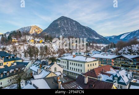 Aerial view of Bad Aussee town famous for skiing and spa treatment, Austria. Stock Photo