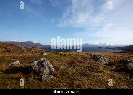 View across Badentarbat Bay and Loch Broom to the peaks of Ben Mor, Coigach, and in the distance An Teallach, Wester Ross, Scotland, UK Stock Photo