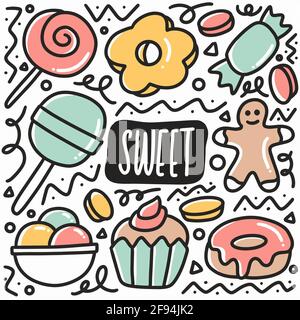 sweet food doodle set with icons and design elements Stock Vector