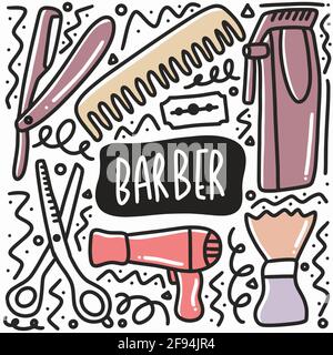 hand drawn barber equipment doodle set Stock Vector