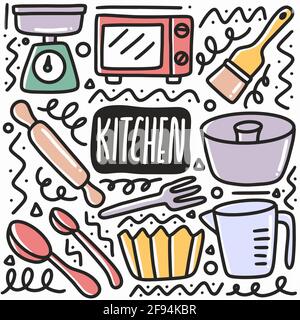 hand drawn kitchen equipment doodle set Stock Vector