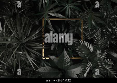 3d rendering of square golden shape over tropical plants. Flat lay of precious nature style concept Stock Photo
