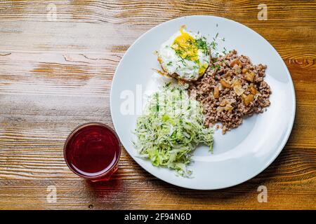 Breakfast including compote, salad, soup Stock Photo