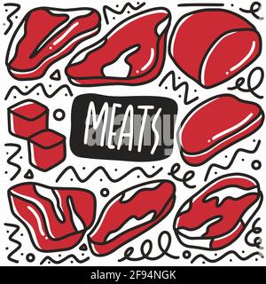 hand drawn raw meat doodle set Stock Vector