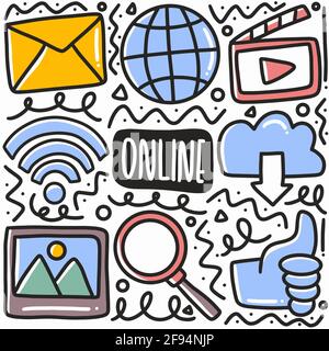 hand drawn online social media doodle set Stock Vector