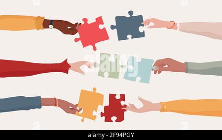 Cooperation and collaboration concept. Hands holding a jigsaw puzzle piece which joins another puzzle piece. Communication between diverse people. Stock Vector