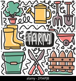 hand drawn farm equipment doodle set Stock Vector