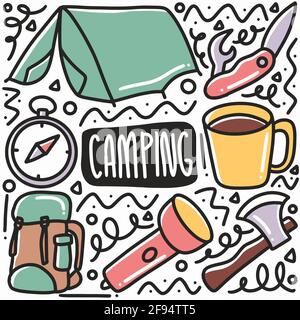 hand drawn camping equipment doodle set Stock Vector