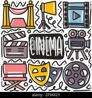 hand drawn cinema equipment doodle set Stock Vector