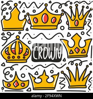 Doodle crown hand drawn set. Doodle princess crown, queen tiara. Line ...