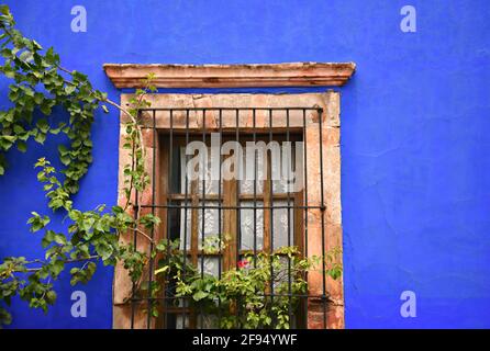 Colonial house facade with a Venetian stucco wall and a stone trimmed window with handcrafted iron grilles in Santiago de Querétaro, Mexico. Stock Photo