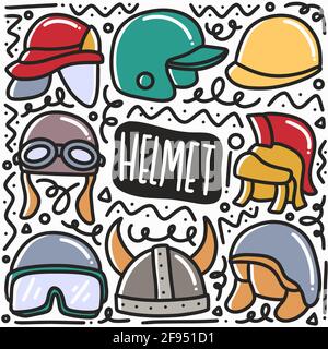 hand drawn helmet doodle set Stock Vector
