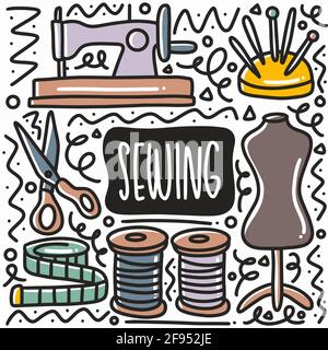 hand drawn sewing equipment doodle set Stock Vector