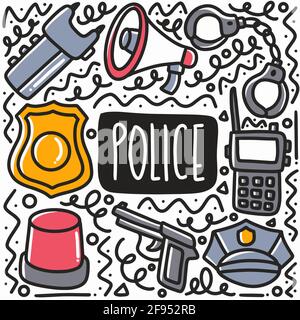 hand drawn police equipment doodle set Stock Vector