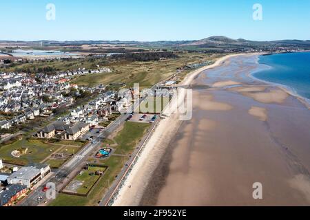 Aerial view of Leven beach and Leven links golf course, Leven, Fife, Scotland. Stock Photo