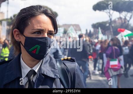 Rome, Italy. 16th Apr, 2021. Demonstration organized by Alitalia workers in Via dei Fori Imperiali in Rome to protest against risk of layoffs and dismemberment of the company. (Photo by Matteo Nardone/Pacific Press) Credit: Pacific Press Media Production Corp./Alamy Live News Stock Photo