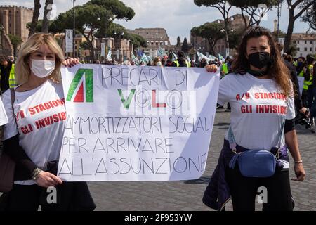 Rome, Italy. 16th Apr, 2021. Demonstration organized by Alitalia workers in Via dei Fori Imperiali in Rome to protest against risk of layoffs and dismemberment of the company. (Photo by Matteo Nardone/Pacific Press) Credit: Pacific Press Media Production Corp./Alamy Live News Stock Photo