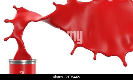 Red paint spills out and cans. 3 d illustration. Isolated on white background. Stock Photo