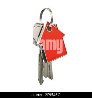 House keys with keychain in the shape of a house, isolate on a white background. 3D illustration. Stock Photo