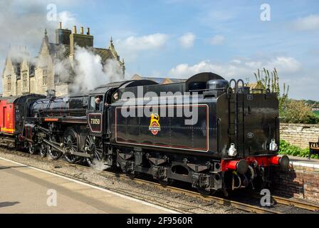 British Railways Standard Class 5 73050 preserved British steam locomotive named City of Peterborough, in Wansford station on Nene Valley Railway, UK Stock Photo