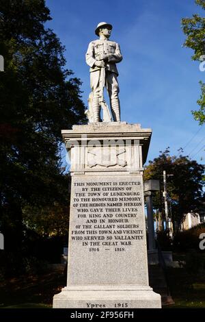 War Memorial to the fallen of the Great War in Lunenburg, Nova Scotia, Canada. The memorial stands in memory of residents who died in the war of 1914 Stock Photo