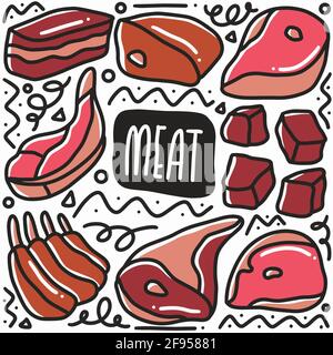 hand drawn raw meat doodle set Stock Vector