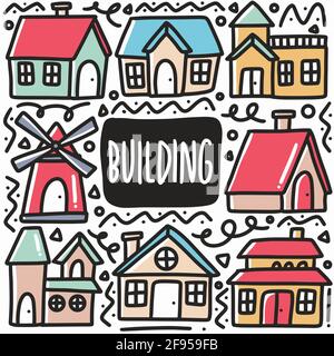 hand drawn city building doodle set Stock Vector