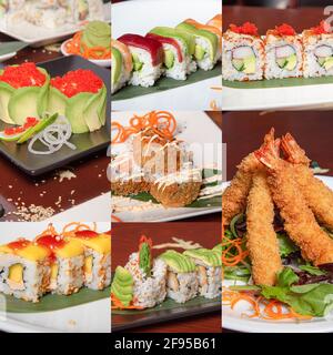 Collage of traditional Japanese sushi with fish and rice. Stock Photo