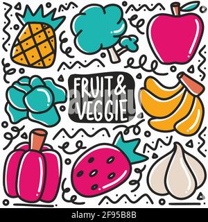 hand drawn variation fruit and vegetable doodle set Stock Vector