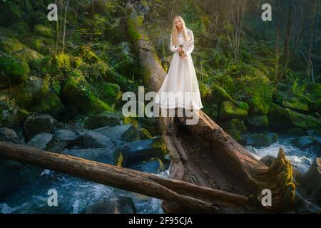 Beautiful young woman in a white dress in the middle of a forest Stock Photo