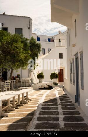 Whitewashed Mykonos church boxy, vernacular architecture with a stepped ...