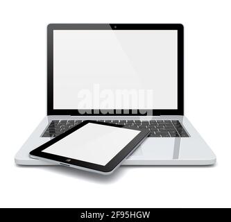 Laptop and tablet pc computer with a blank screen isolated on a white Stock Photo