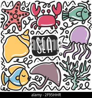 hand drawn biota sea doodle set Stock Vector