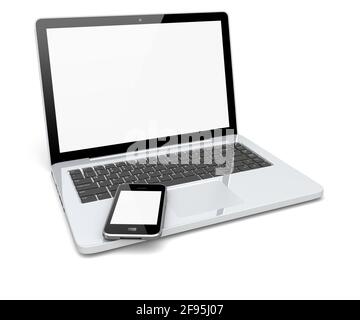 Laptop, and mobile phone with a blank screen. Technology 3d concept Stock Photo