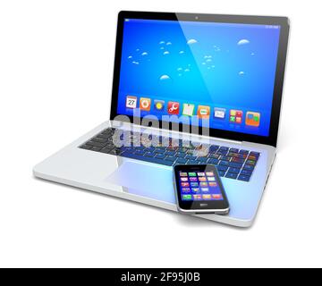 Laptop, and mobile phone with a blue background and colorful apps on a screen. Isolated on a white. Technology 3d concept Stock Photo