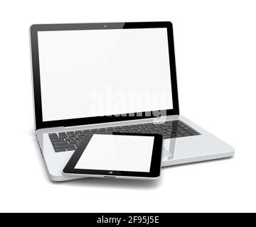 Laptop and tablet pc computer with a blank screen. Technology 3d concept Stock Photo
