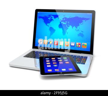 Laptop and tablet pc computer with colorful apps and Earth world map on a screen. Isolated on a white. Technology 3d concept Stock Photo