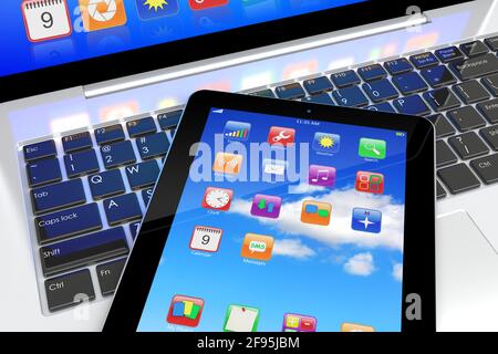 Tablet PC with colorful apps on a screen lying on laptop keyboard. Technology 3d concept Stock Photo