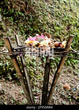 Canang sari is one of the daily offerings made by Balinese Hindus to thank the Sang Hyang Widhi Wasa. Canang sari is offered every day in thanksgiving Stock Photo