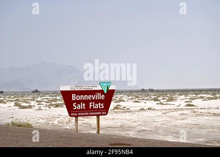 Sign for the Bonneville Salt Flats, a densely packed salt pan in Utah. Bureau of Land Management public land known for land speed records. Stock Photo