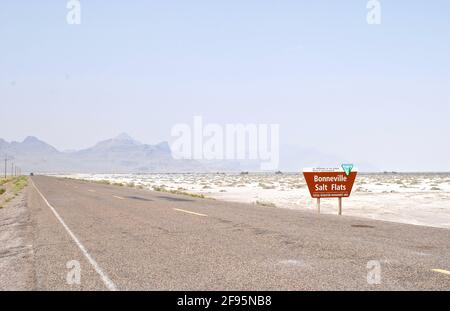 Sign for the Bonneville Salt Flats, a densely packed salt pan in Utah. Bureau of Land Management public land known for land speed records. Stock Photo