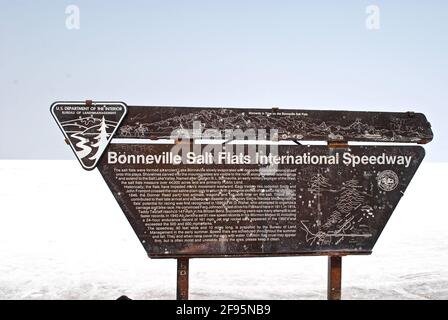 Sign for the Bonneville Salt Flats, a densely packed salt pan in Utah. Bureau of Land Management public land known for land speed records. Stock Photo