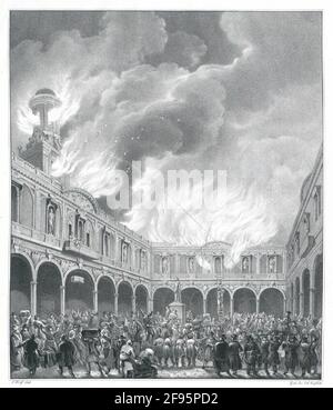 The interior of the burning stock exchange in London on January 10, 1838. Stock Photo