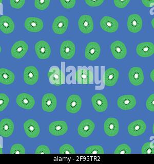 Seamless kiwi fruit vector pattern green blue white. Kiwifruit repeating background. Chinese gooseberry cute summer fruit surface pattern design for Stock Vector